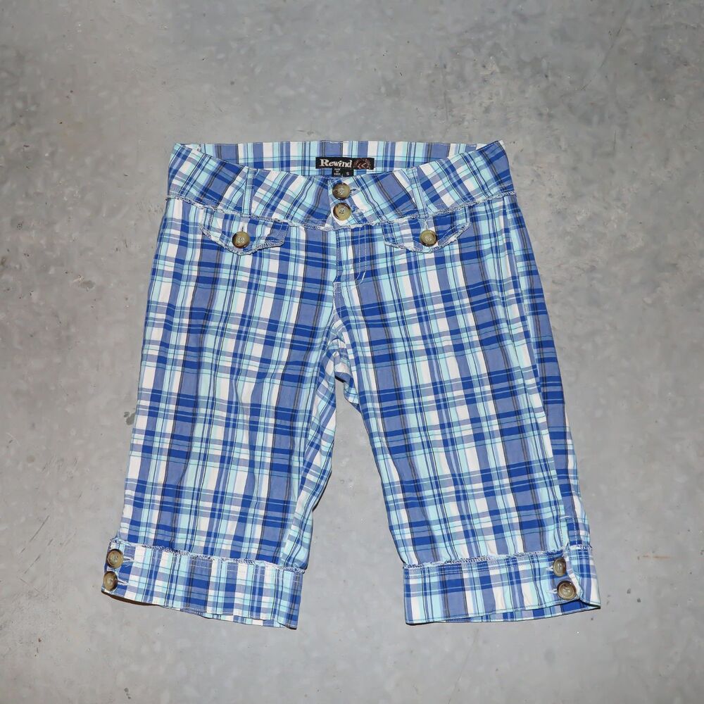 ReWind Y2K 90s Blue Plaid Bermuda Low Rise Long Summer Preppy Shorts Size Small